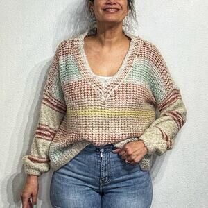 Adora Rory Striped Chunky Knit Oversized V-Neck Sweater Sz M